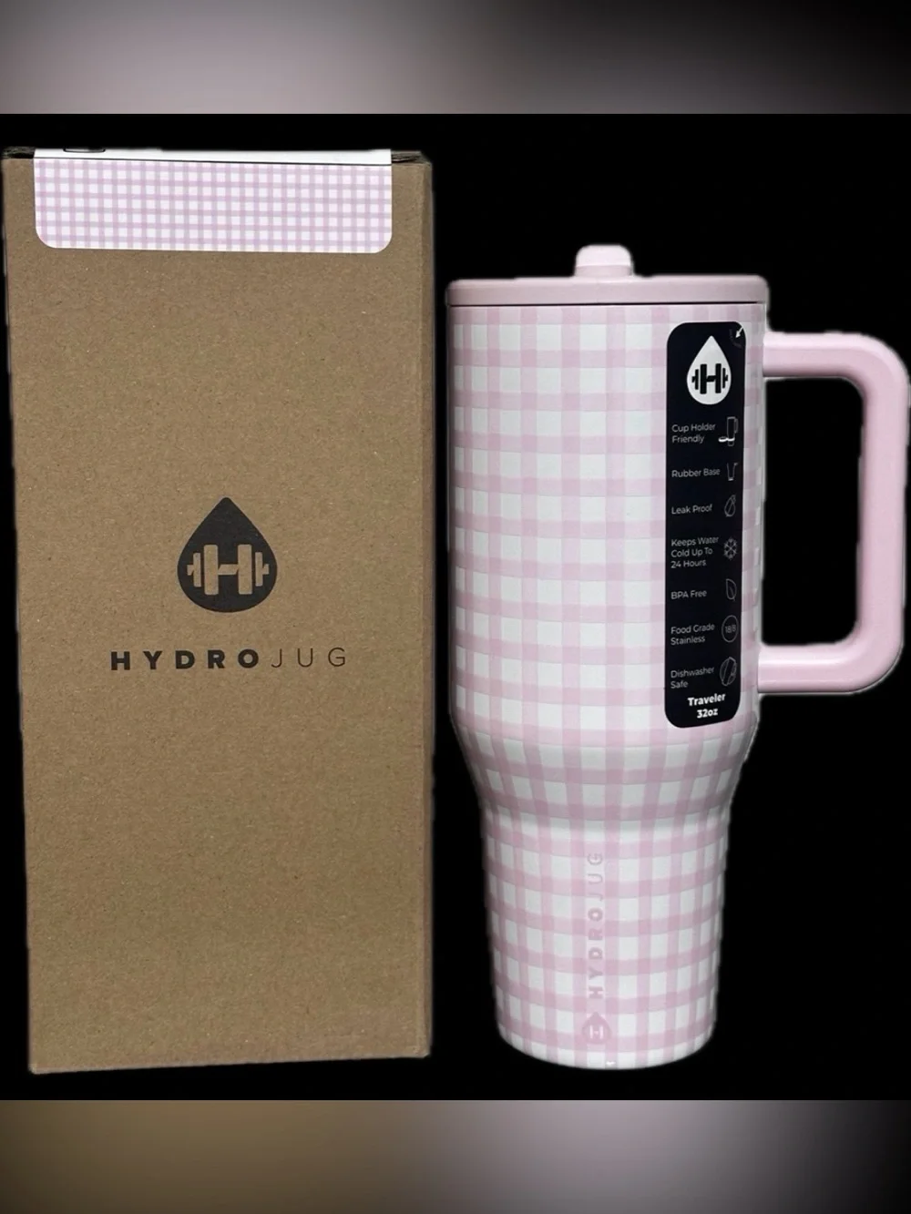 Hydrojug 40 ounce Traveler, NEW in Box PINK GINGHAM Tumbler - Picture 1 of 7